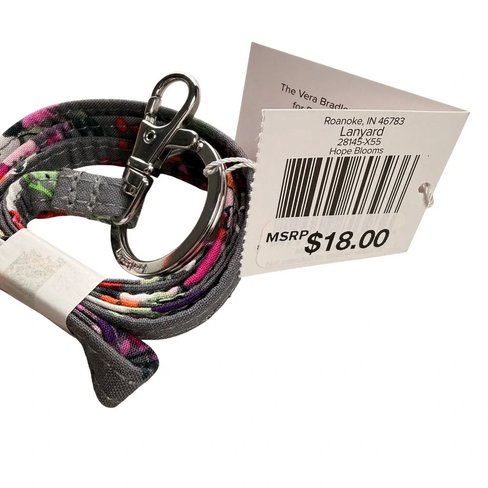 Vera Bradley Hope Blooms Lanyard 18 inch Gray Floral Keychain School Office Gift